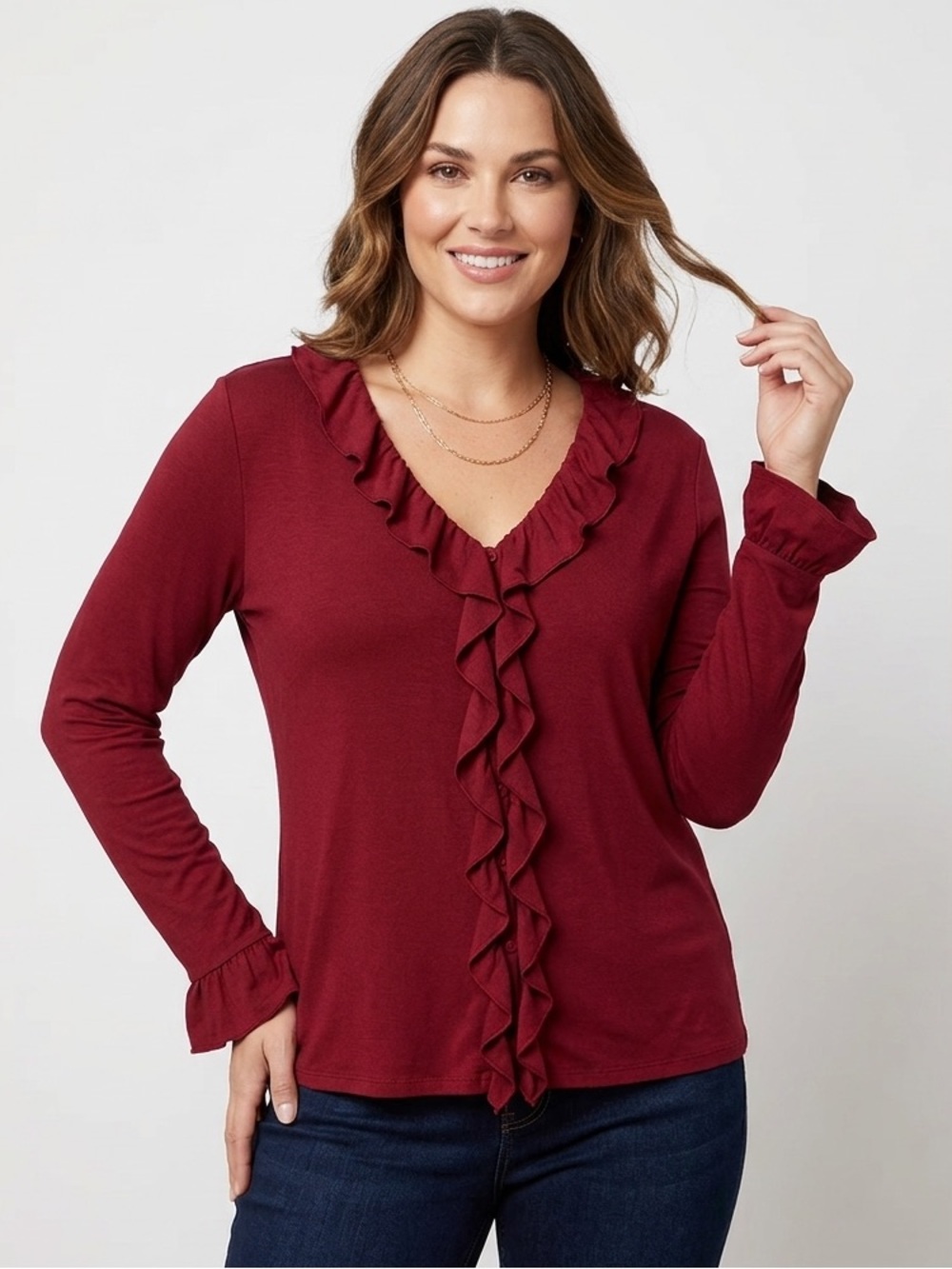 Red Harlow Top pullover blouse L ❤️New with Tags  Ruffled trim stretchy fabric